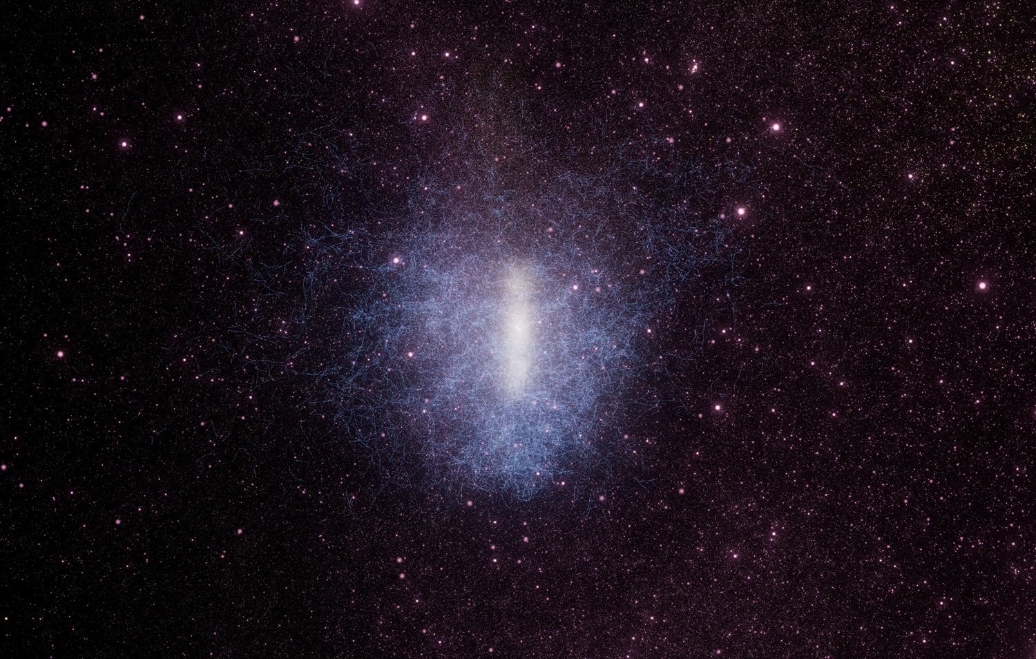 Live render from the Cosmos Deep Field viewer: Gaia stars and quasars around a bright core with the blue filaments of the SDSS cosmic web threading through them.